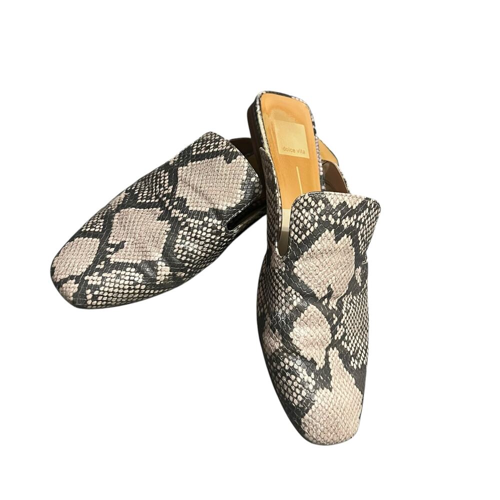 Dolce Vita Bree Snake Print Tan Cream Slip-On Slides Mules Size 8 Gray Flats